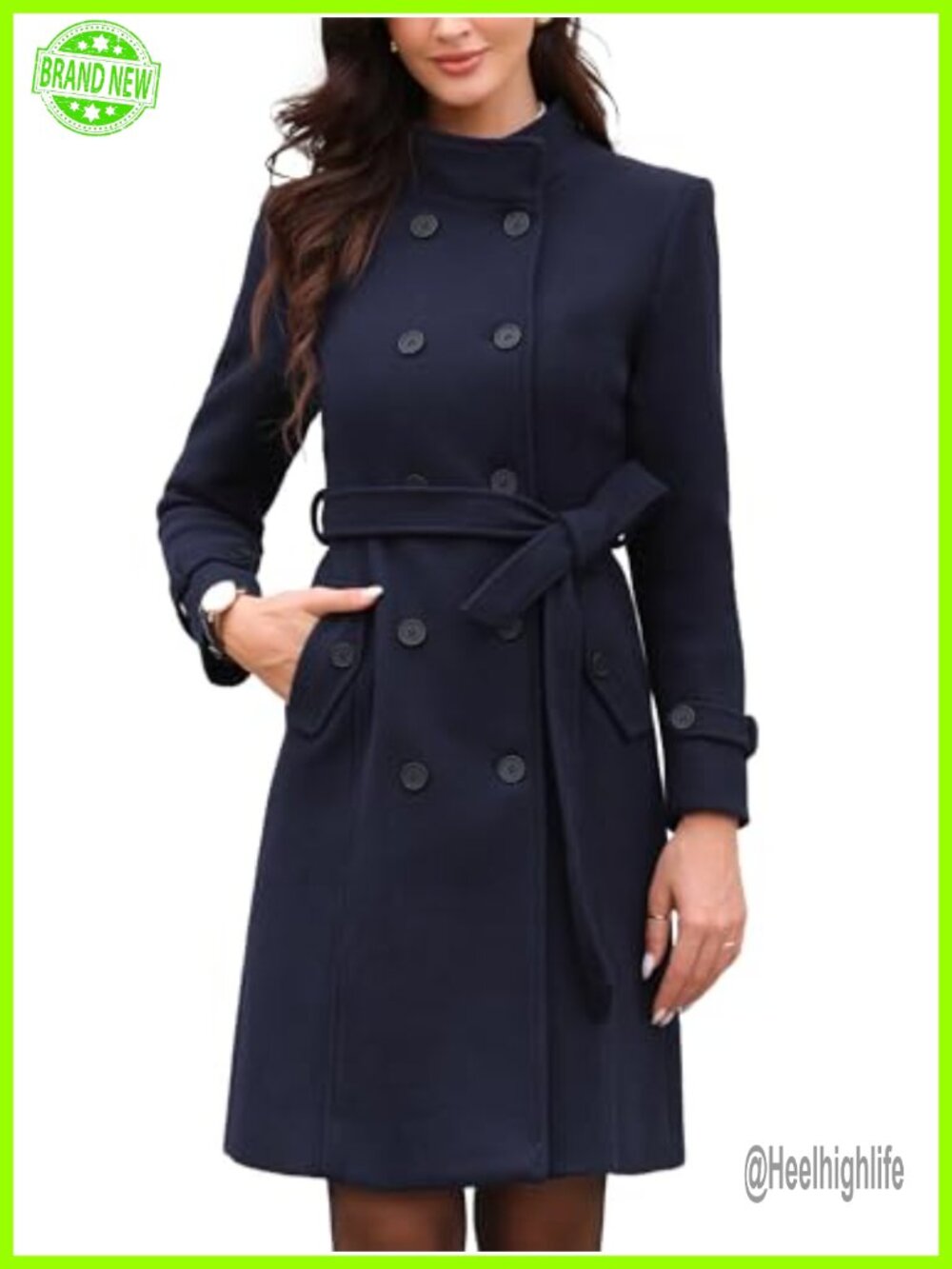 Women's Double Breasted Pea Coat Belted Mid-Length Winter Overcoat